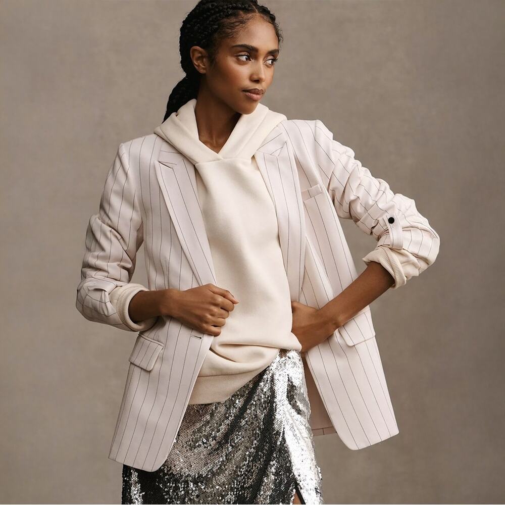 Anthropologie Maeve Striped Roll-Sleeve Blazer Black White Size 8